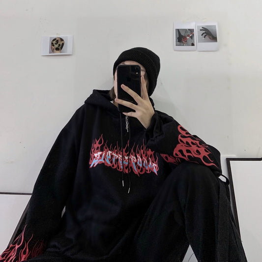 Autumn Fashion Cute Flaming Fire Print Hoodie Woman